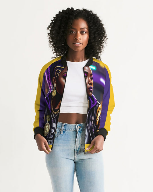 Bitcoin and The Lady in Purple  Women's All-Over Print Bomber Jacket