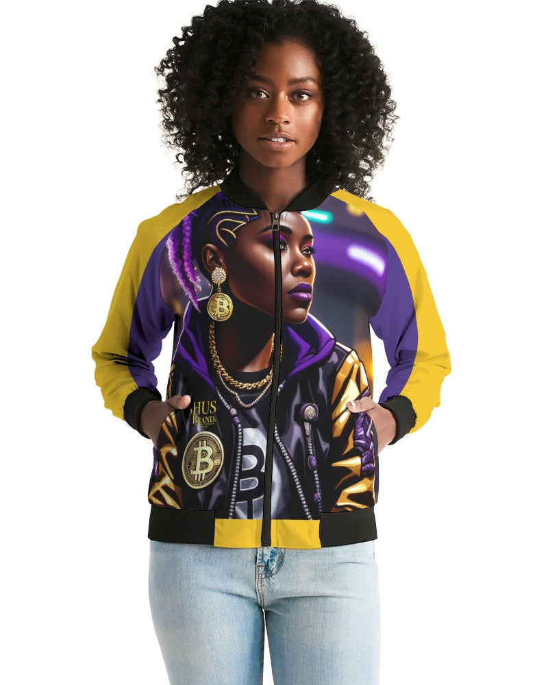 Bitcoin and The Lady in Purple  Women's All-Over Print Bomber Jacket