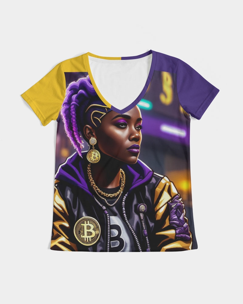 Bitcoin and The Lady in Purple  Women's All-Over Print V-Neck Tee