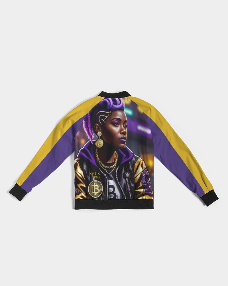 Bitcoin and The Lady in Purple  Women's All-Over Print Bomber Jacket