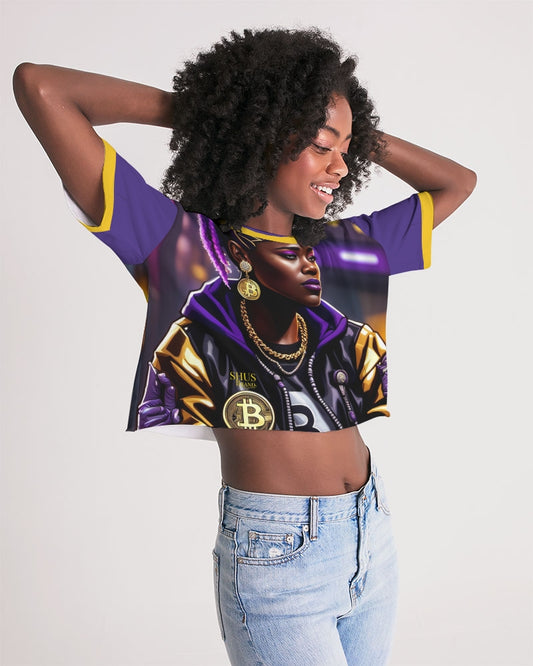 Bitcoin and The Lady in Purple  Women's All-Over Print Lounge Cropped Tee