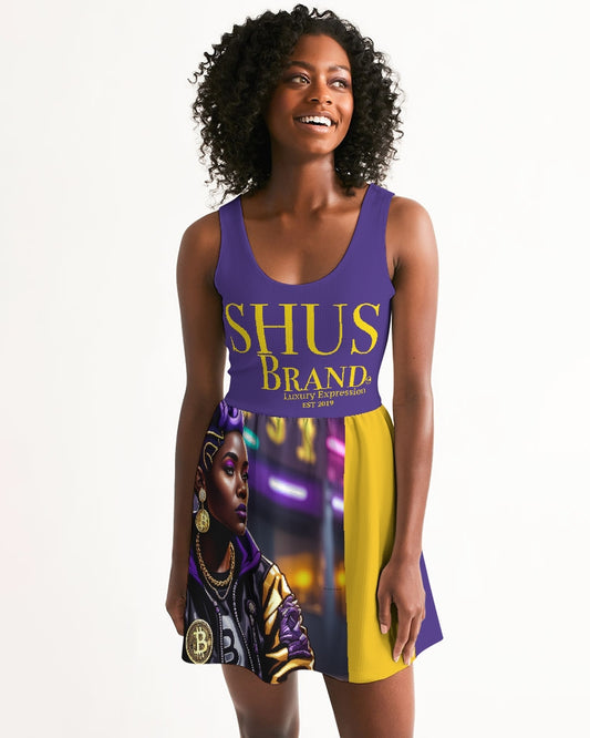 Bitcoin and The Lady in Purple  Women's All-Over Print Scoop Neck Skater Dress
