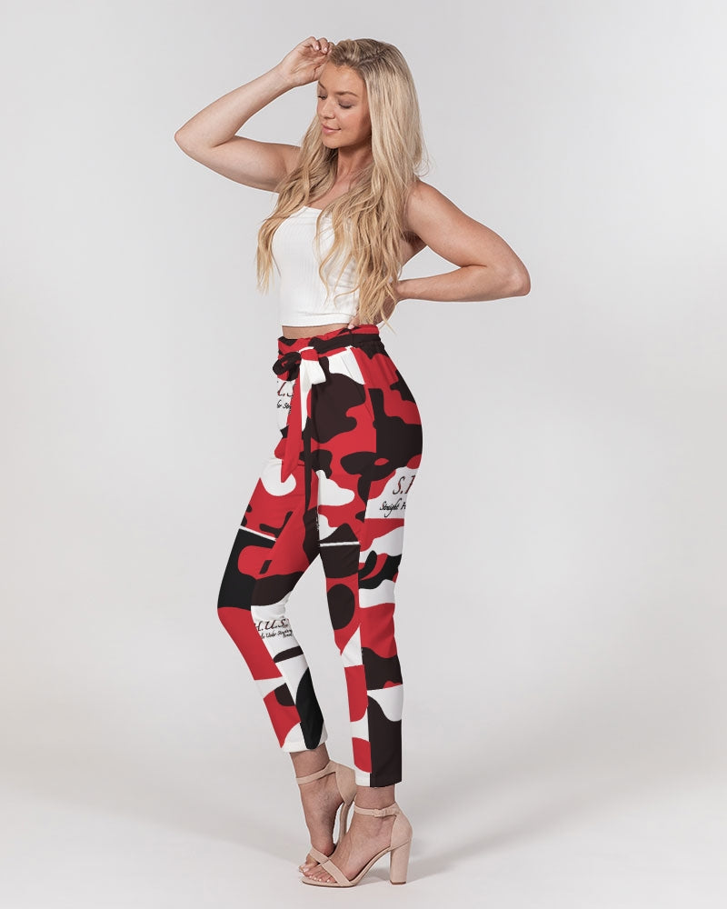 Red Camo Luxury Women's Belted Tapered Pants