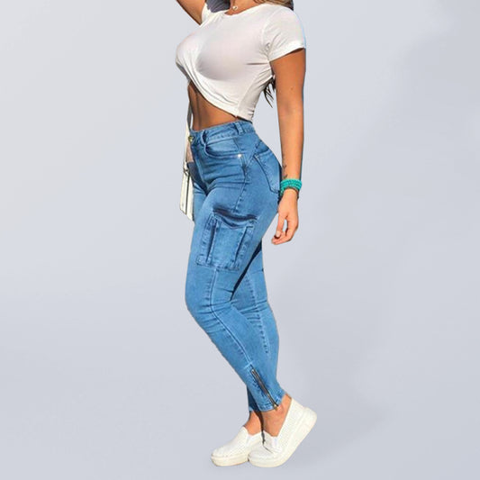 SHUS Brand luxury Women's High Waist Cargo Skinny Zipper Ankle Jeans