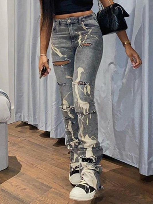 SHUS Brand Women's casual fashion trend abstract irregular print ripped jeans