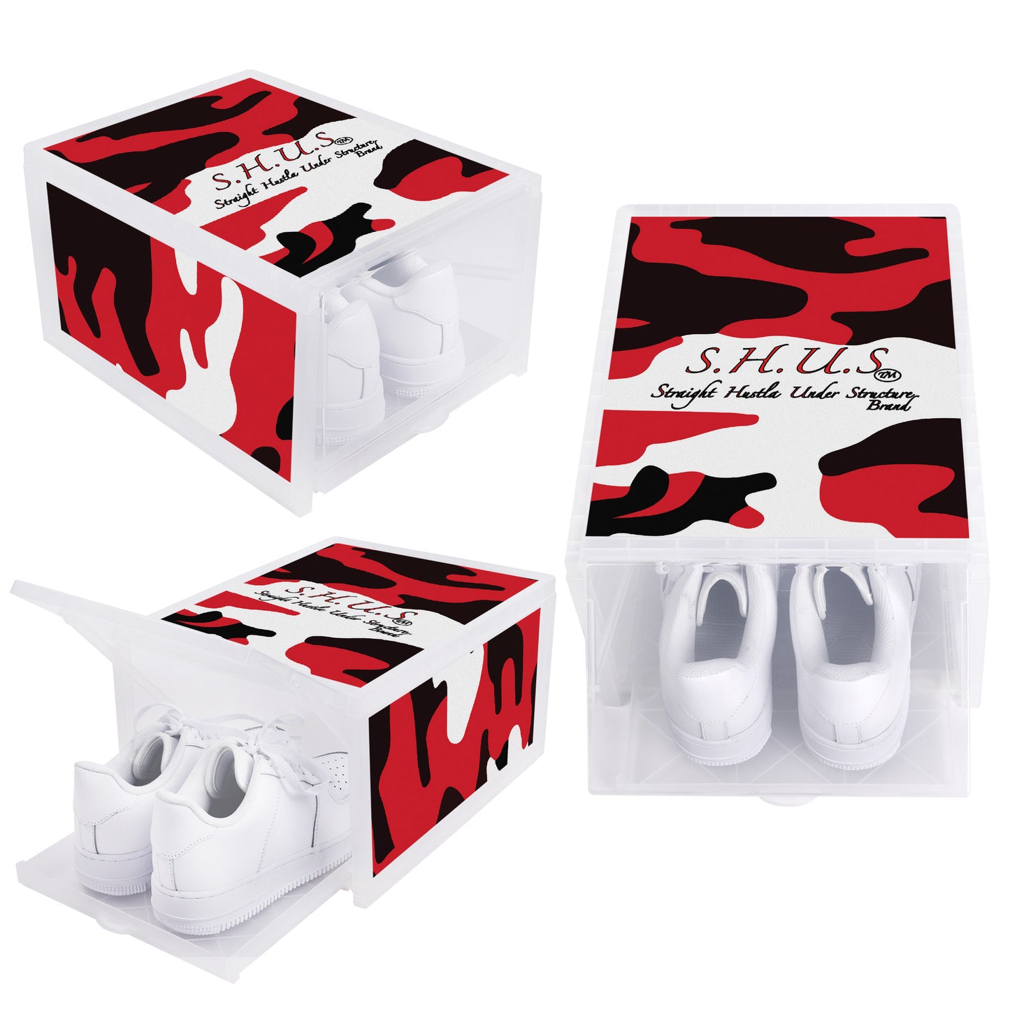 SHUS Brand  Luxury 3-sided Red Camo Printed Shoe Box